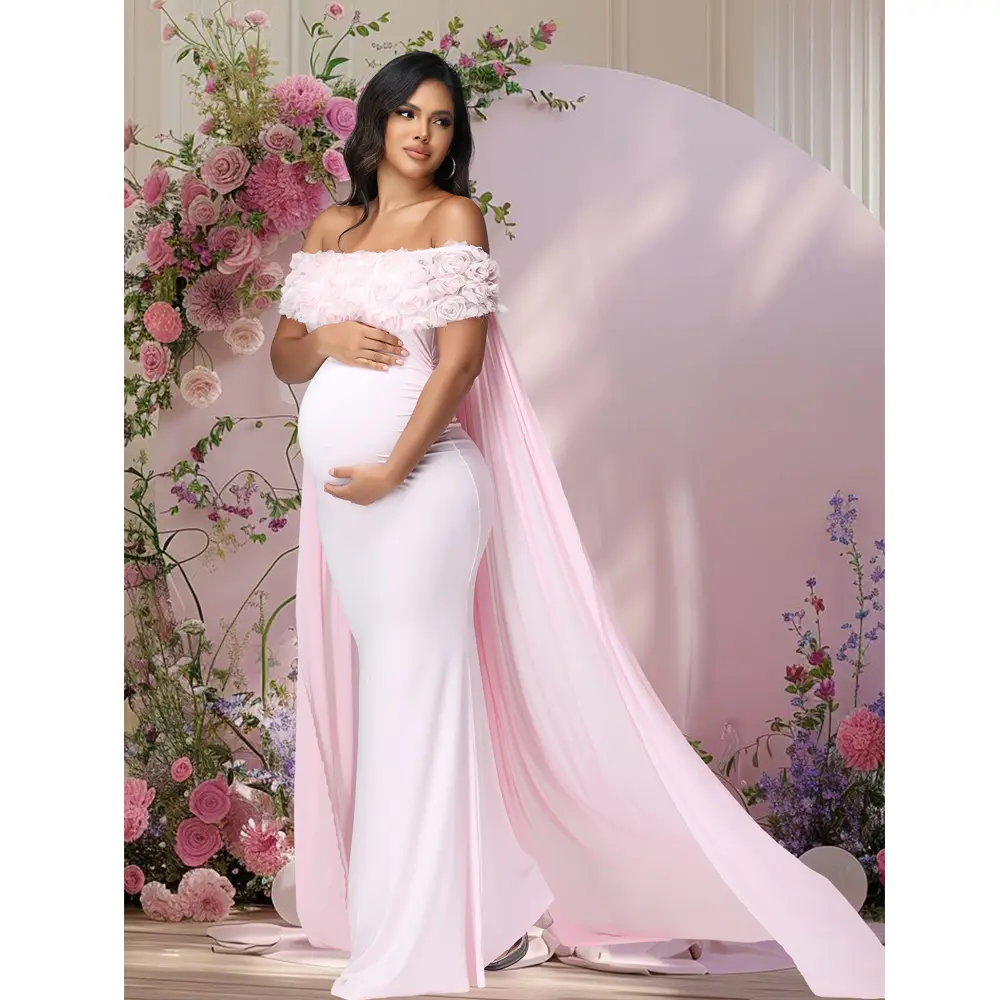 Women's Maternity Clothing Elegant Off-Shoulder Sleeveless Floral Print Embroidered Polyester Blend Maxi Gown with Cloak for Baby Shower, Photoshoot, Sleeveless Cut