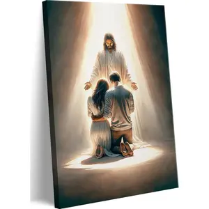 Framed Jesus Blesses Couple Canvas Wall Art Couple Kneeling and Praying to Jesus Wall Decor Picture Christianity Jesus Christ Postre Print for Bedroom Living Room Church Prayer Room Artwork Home Decoration Wooden Cross