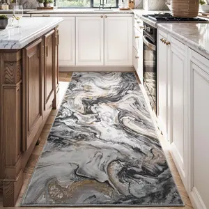Modern Art Marble Texture Long Rug, Modern Runner Rug, Indoor Non-Slip Soft Plush Carpet, Pet-Friendly Washable Foldable Mat for Hallway Bedroom Bathroom Living Room