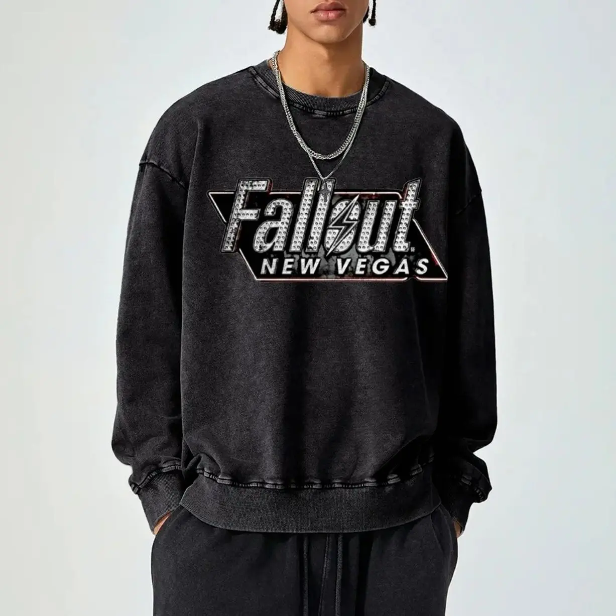 Men's Fallout Sweatshirt, 100% Cotton Vintage Washed "Fallout New Vegas" Back Print, Gamer Pullover