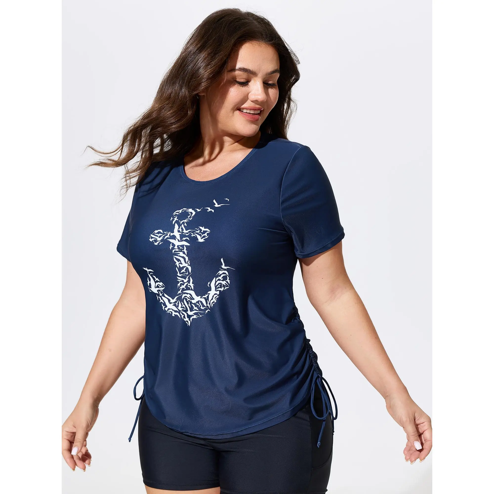 BloomChic Plus Size Sail Away Print Fitted Tankini Swim Top - Chlorine Resistant Stretch Fabric with Bust Support, 95% Polyester, 5% Spandex, Cold Wash, Polyester Blend, Machine Wash, Female Swim, Synthetics, 14-16/1X