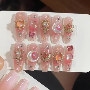 Cute Moon Press on Nails with Star Design Nails Glossy Fake Nails for Women 10 PCS