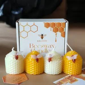 4 beeswax candles, ivory white and yellow, Christmas and Thanksgiving atmosphere decoration candles, Decorations Supplies, suitable for home decoration, holiday gifts, Mother's Day, Valentine's Day. (Size: 4.5 cm x 5 cm)