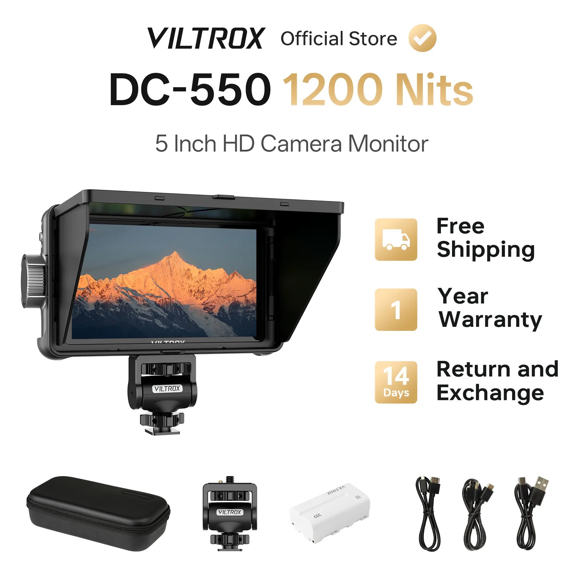 Viltrox DC-550 5.5in Portable 1080p HD Camera Monitor - 1920x1080 Resolution, 1200 Nits Brightness, 1200:1 Contrast, Battery-DC Power, Ambient Light-Blocking Detachable Hood, SD Cards Compatibility, True Rec.709 Color, Easy Swap, Creative Editing Effects