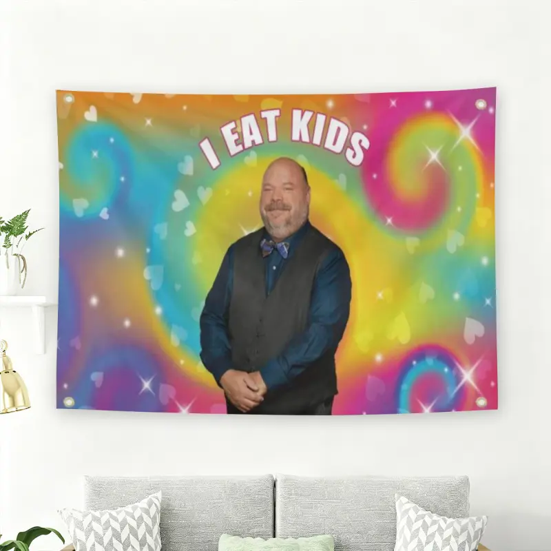 Bertram "I Eat Kids" Rainbow Background Wall Flag, Jessie Meme Tapestry, Humor Room Decor