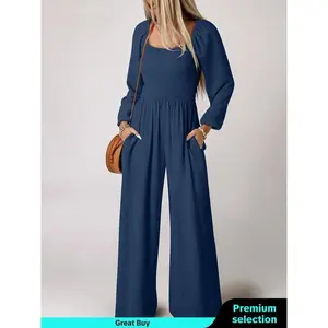 Women'sPlainRuchedShirredPocketWideLegJumpsuit,CasualBishopSleevesSquareNecklineJumpsuitforFall,jumpsuit