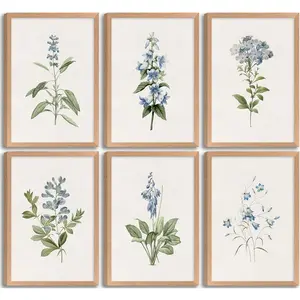 6Pcs Vintage Blue Wildflower Wall Art Blue Delicate Greenery Painting Picture Flower Bouquet Wall Decor Minimalism Flowers Poster Print Artwork for Living Room Bedroom Home Decoration,Unframed
