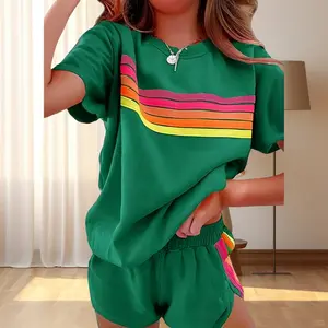 Stylish Rainbow-Striped Knit Lounge Set for Women, Casual Two-Piece Top and Shorts Outfit, Breathable Relaxed-Fit Streetwear Vintage Sportswear, Comfortable Summer Two-Piece Set Short Sleeve Womenswear