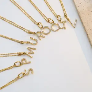 Pave Letter Pendant Necklace with Simulated Diamonds 18K Gold PVD Adjustable Chain Tarnish Resistant Hypoallergenic Personalized Jewelry