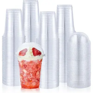 90 Sets 16 oz Clear Plastic Cups with Dome Lids, 16 oz Disposable Plastic Drinking Parfait Cups for Ice Coffee, Smoothie, Frappuccino, Bubble Boba