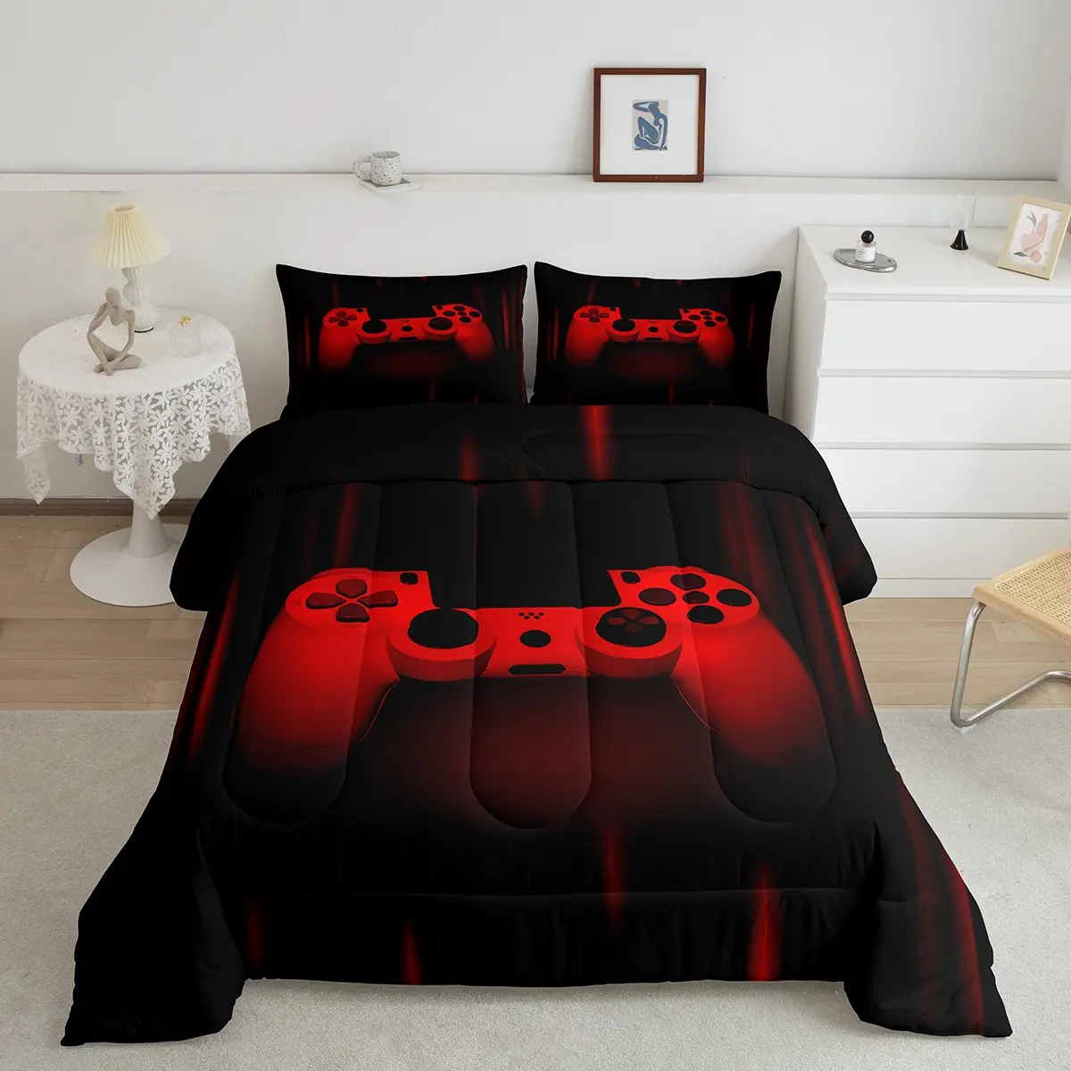 Feelyou King Size Gaming Quilt Bedding Set - Lightweight Durable Microfiber Geometric Quilted Bedding, Breathable Soft Red Black Room Decor, All Seasons Gamepad Design Video Game Themed Gift, Video Games