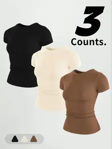 Women's Sporty Slim-Fit Short Sleeve Round Neck Seamless Yoga Tops, Comfortable All-Season Activewear for Daily Wear & Outdoor Activities, Activewear T Shirt