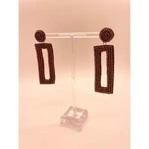 Brown Beaded Rectangular Earrings