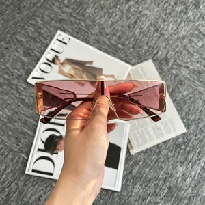 Y2K One Piece Rectangle Sunglasses Women Gradient Pink Lens Thin Gold Metal Frame Trendy Oversized Rimless Shield Shades UV Protection Streetwear Eyewear