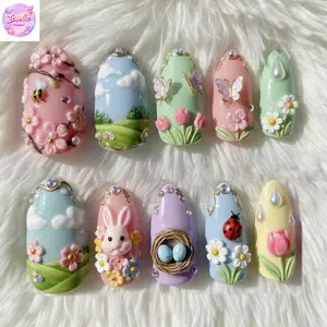 Spring Bunny Butterfly Pastel Garden Y2K Press On Nails, Tulip Daisy Cloud 3D Gel Handmade Reusable Set, Cute Easter Party Gift Idea