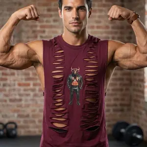 Hand-Distressed Macho Bull On Leather Muscle Shirt - Burgundi Ripped L