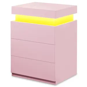Sikaic Nightstand with LED Lights Charging Station Pink Modern Bedside Table with 3 Storage Drawers and Top Sliding Drawer