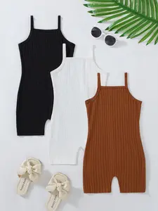 Baby Girls Plain Ribbed Strap Romper Set Three-Piece, Sporty Outdoor Wear, Comfortable and Stylish, Perfect for Daily Use