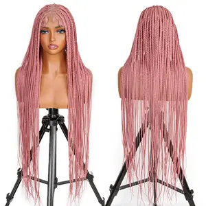 SuperNova Pink 36'' Full Lace Synthetic Box Braided Wig - Handmade Lightweight, Tangle-Free, Beginner-Friendly, Glueless, Full Lace Area, Medium Size with Adjustable Straps #Summervibes