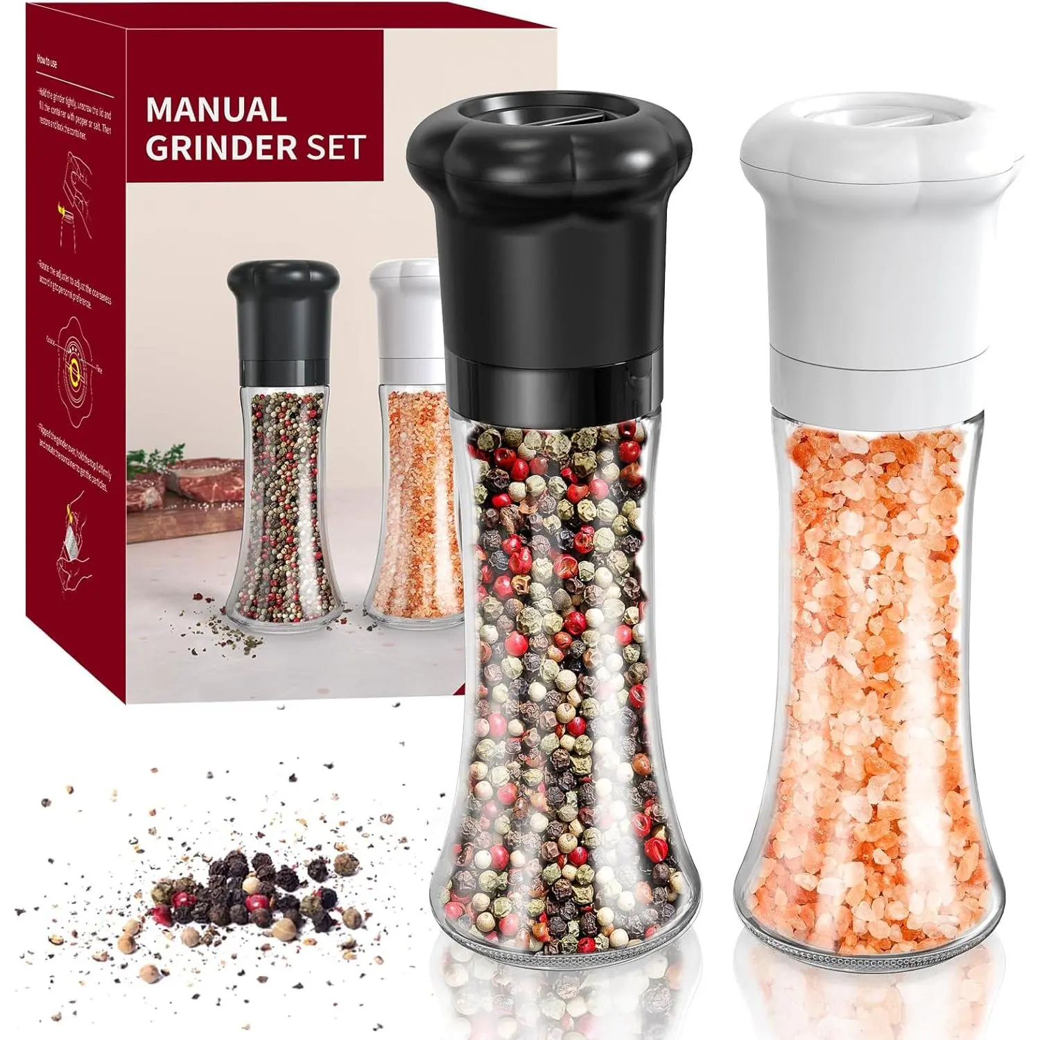 Manual Salt and Pepper  Set For Professional Chef, Refillable Salt and Pepper Shakers with Ceramic , Adjustable Coarseness and  180ml Glass Container, Tall Black White