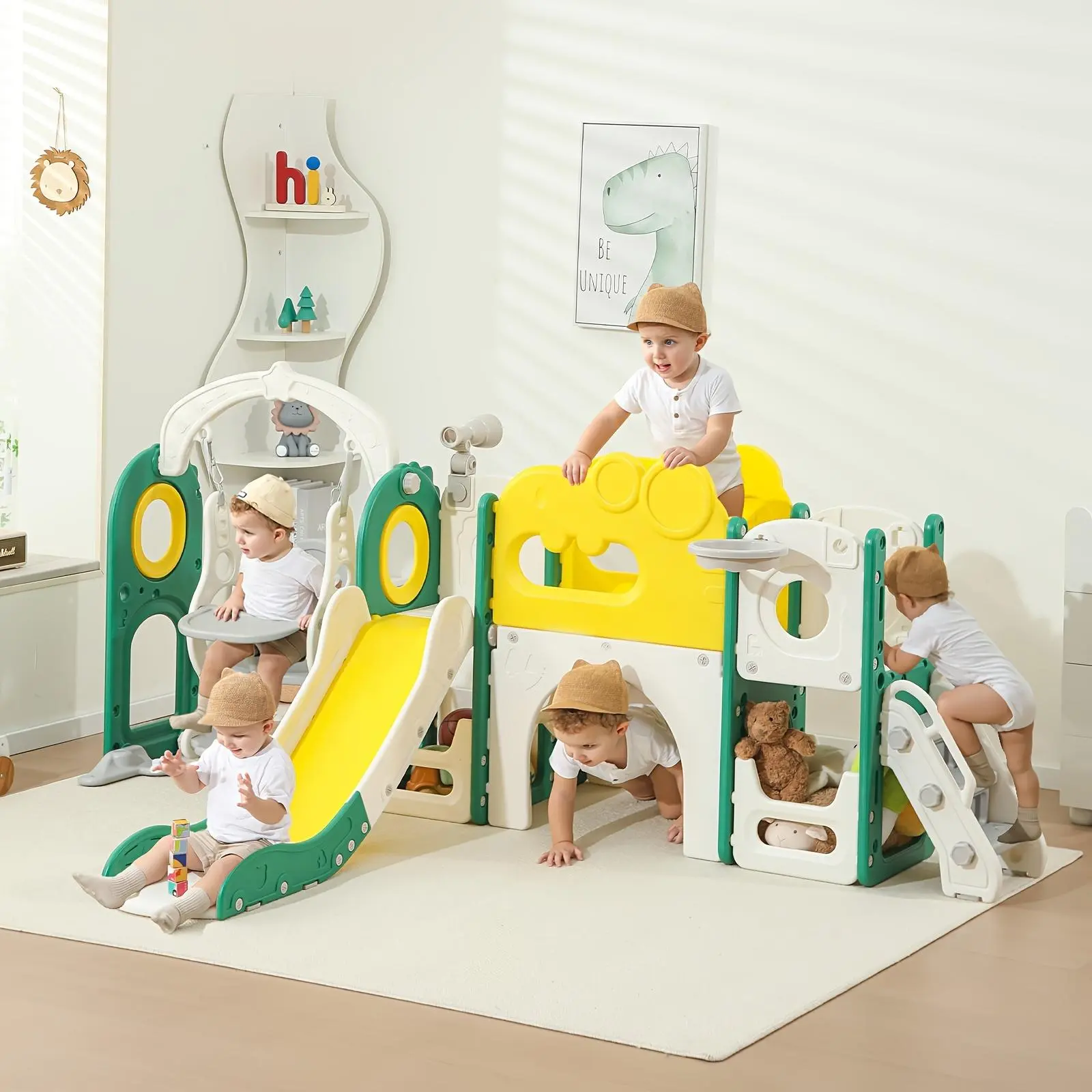 9-in-1 Kids' Slide with Basketball Hoop & Telescope - Durable White/Blue/Yellow Design for Playground, Patio, Indoor/Outdoor Use, Outdoor Play Equipment, Playful Design