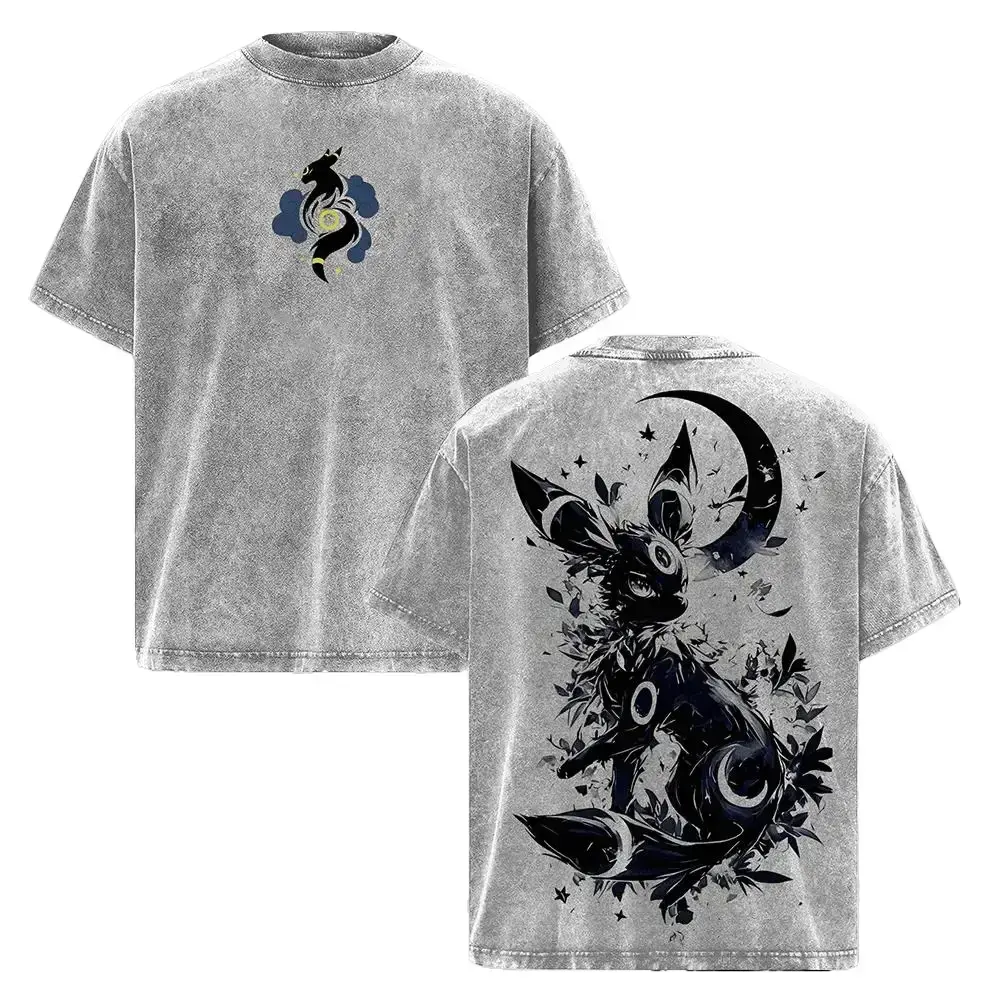 Umbreon T-Shirt – Pocket Monsters Vintage Oversized Heavy Cotton Acid Washed Anime Hoodie, Unisex Streetwear Graphic Top for Fans
