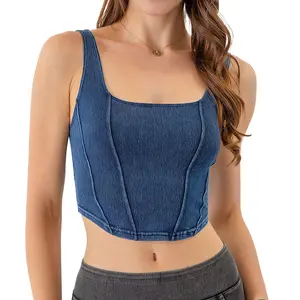 New Arrival Women's Denim Yoga Sports Tank Top, U-neck Elastic Slimming Back Design, Quick-drying Fitness Top for Outer Wear
