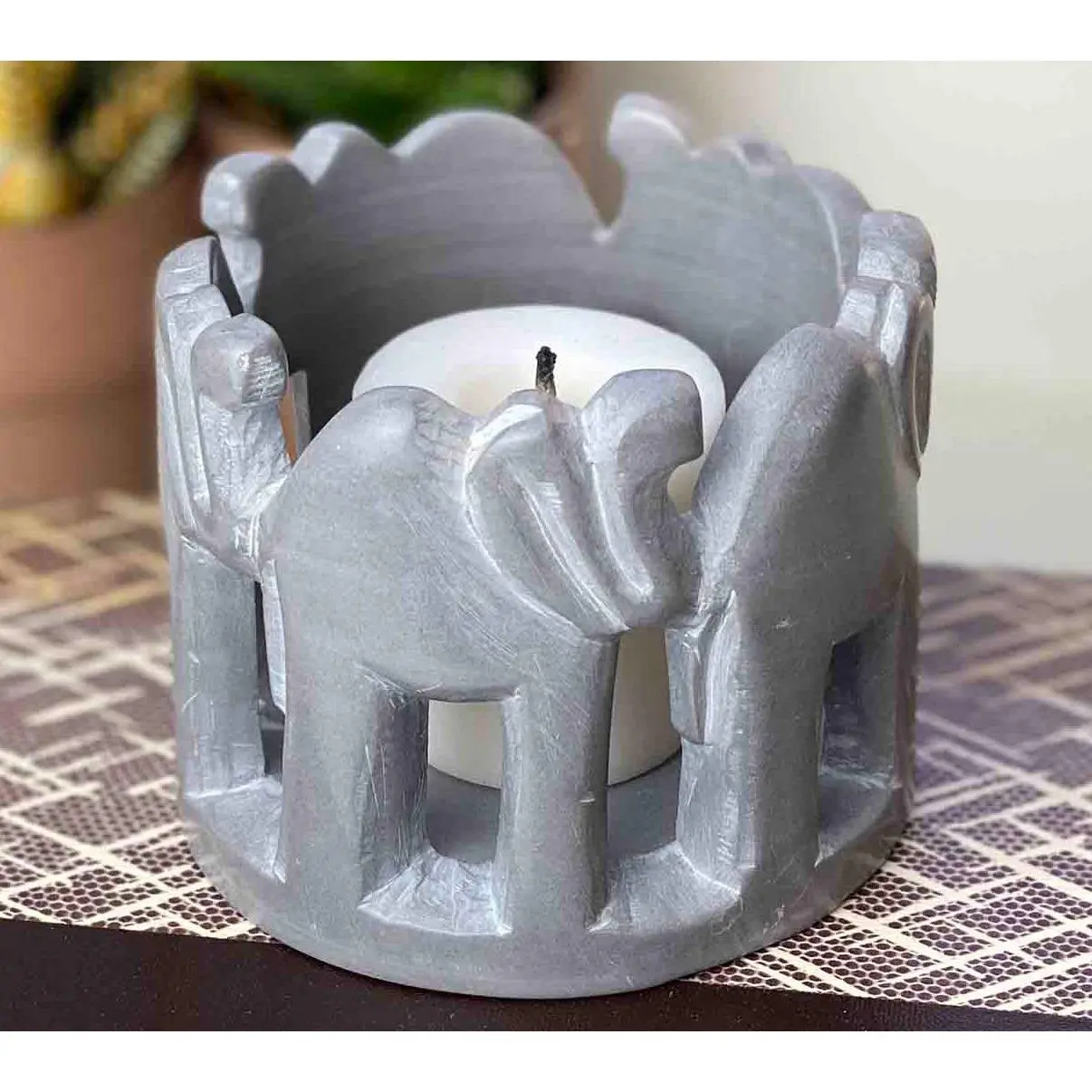 Global Crafts Circle of Elephants Soapstone Sculpture Votive
