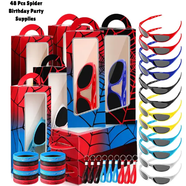 48 Pcs Spider Birthday Party Supplies for Kids, Spider Party Favors & Goodie Bags with 12 Gift Boxes, 12 Sunglasses, 12 Bracelets & 12 Keychains, Spider Birthday Decorations & Costume Party Supplies