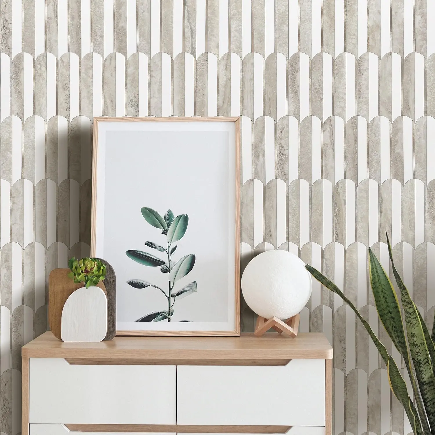 Vamos Peel and Stick Backsplash Seamless Tile for Kitchen and Bathroom,White and Beige Slate PVC Mixed Light Gold Self Adhesive Fish Scale Metal Mosaic Tiles (10 Sheets)