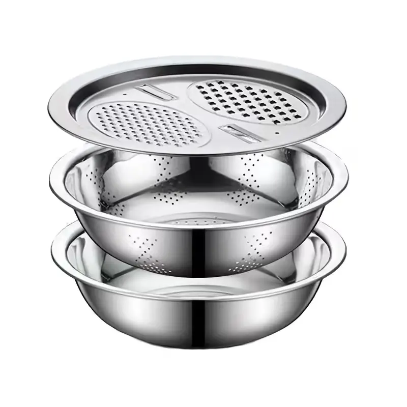 9-Inch 304 Stainless Steel 3-in-1 Camp Kitchen Prep Set - Multi-Function Tool with Vegetable Cutter, Drain Basket, Mixing Bowl, Slicer Grater, Dishwasher Safe
