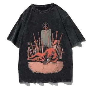 Men's Oversized Casual Streetwear T-Shirt - Berserker Beast of Darkness Vintage Anime Short-Sleeve, Distressed, Festive Top, Casual Streetwear Top, Shortsleeve