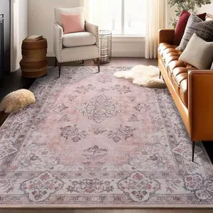 Machine Washable Non-Slip Area Rug, Vintage Pink Gray Floral Print Shag Carpet, Soft Distressed Medallion Pattern for High-Traffic Living Room, Bedroom, Dining Room-S