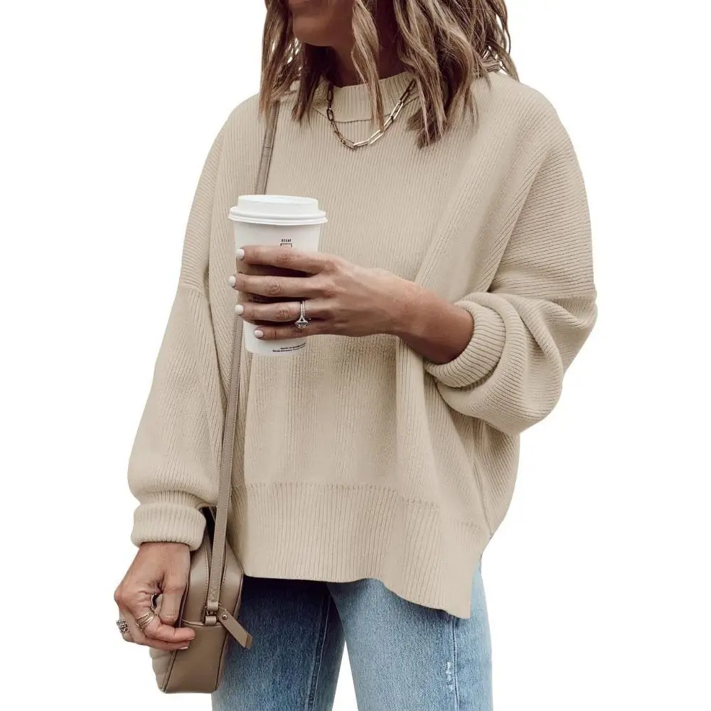 Saodimallsu Women's Oversized Long-Sleeve Ribbed Knit Tunic Sweater - Lady's Slouchy Crewneck Side Slit Pullover, Basic Casual Style Loose-Fit Womenswear Knitwear for Fall, Longsleeves, Round Neck, Tops, Chic, Crew Neck