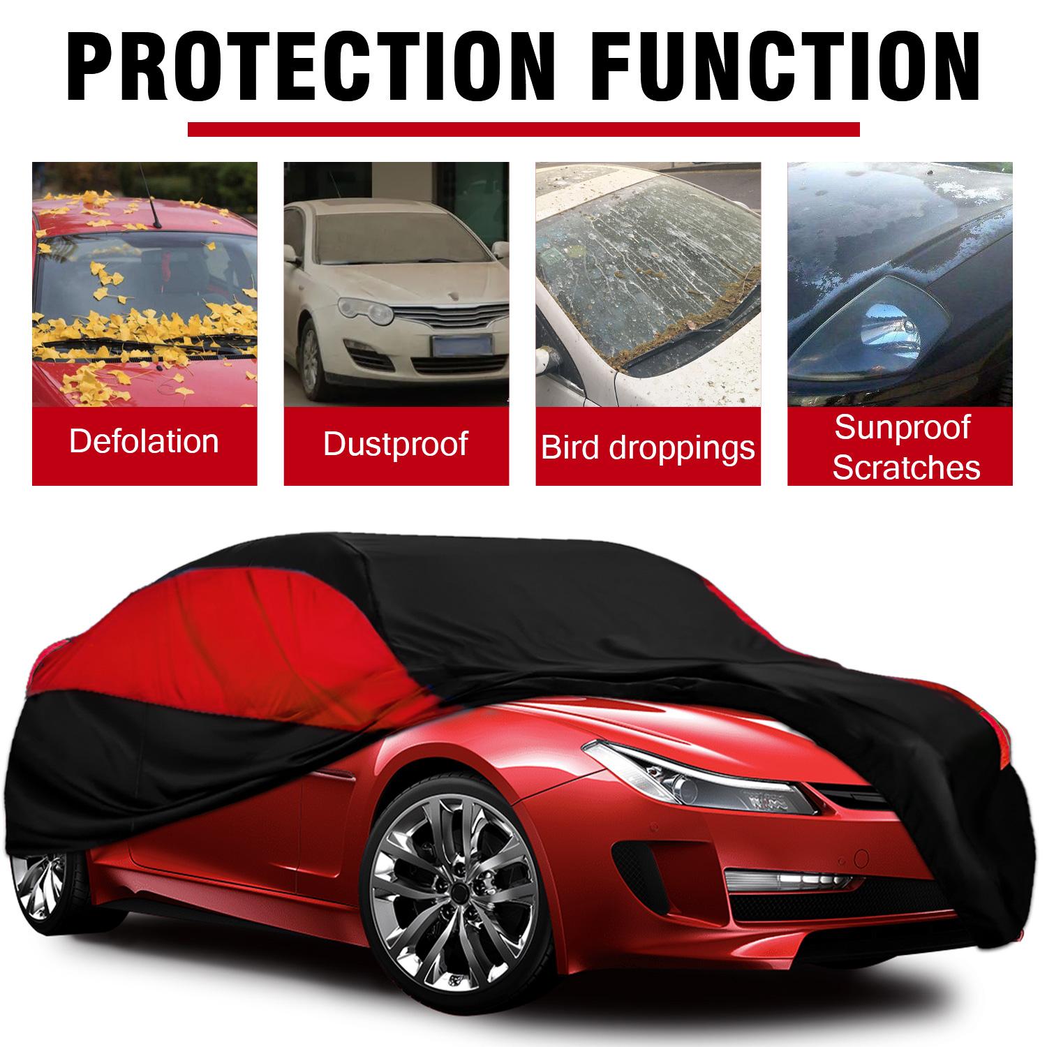 Universal Car Cover for Sedan - UV Protection, Waterproof, Breathable, Scratch-Resistant, Black and Red, Suitable for Outdoor Parking Strap, All Weather Industrial