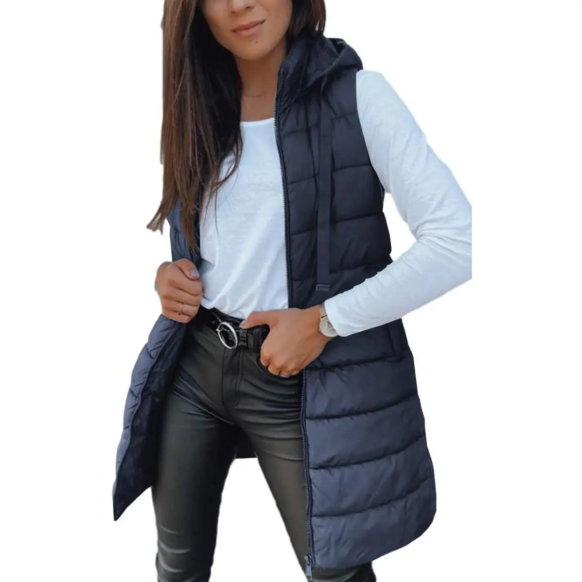 Imily Bela Lady's Long Puffer Vest - Outdoor Basic Street Wear Sleeveless Hooded Polyester Garment with Pockets, Lightweight Breathable Women's Top, Holiday, Long Fit, Machine Wash, Casual, Cold Wash, Do Not Dry Clean, Hang Dry, Outdoors, Side Slits, Clot