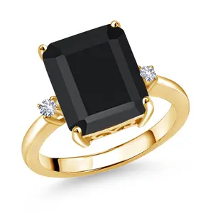 Gem Stone King 18K Yellow Gold Plated Silver 12X10MM Black Onyx and 2MM White Created Sapphire 3 Stone Engagement Ring For Women | 5.85 Cttw | Gemstone Birthstone | Size 5, 6, 7, 8, 9