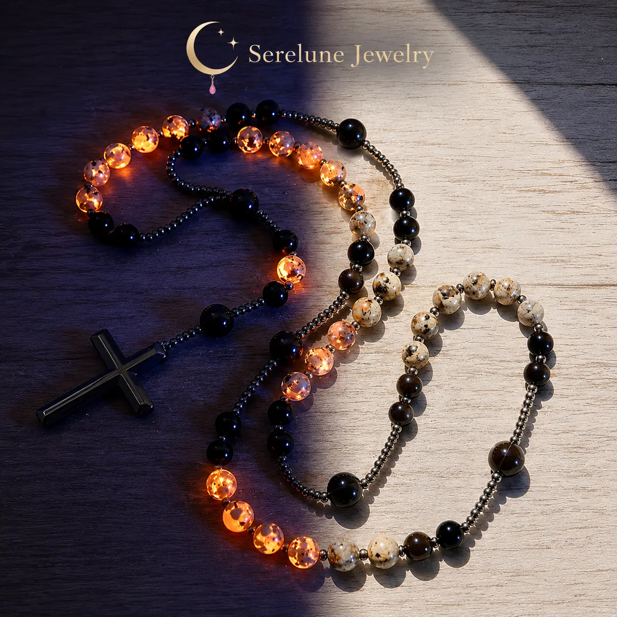 Serelune Handcrafted Natural Obsidian-Yooperlite Rosary Necklace, UV-Reactive Christian Religious Protection Jewelry with Hematite Cross Pendant, Long Casual Rhinestone Collarbone Chain, Meaningful Gifts with Healing Power for Couples