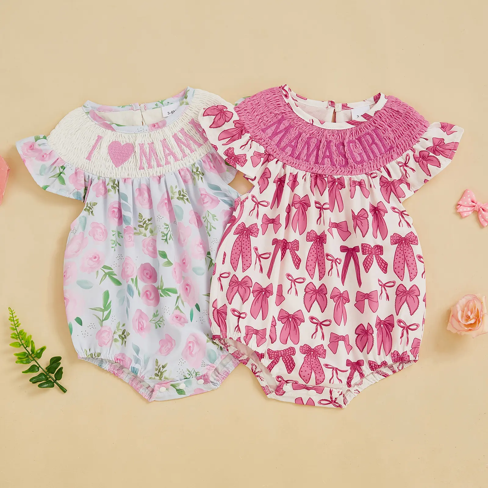 Newborn Baby Girl Summer Outfit Floral Mamas Girl Smocked Bubble Romper Fly Sleeve Bodysuit Mothers Day Clothes