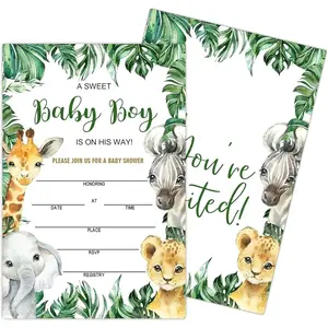Baby Shower Invitations for boy, Jungle Animals Fill In Invites Cards wih Envelopes, Wooden, Set of 25.