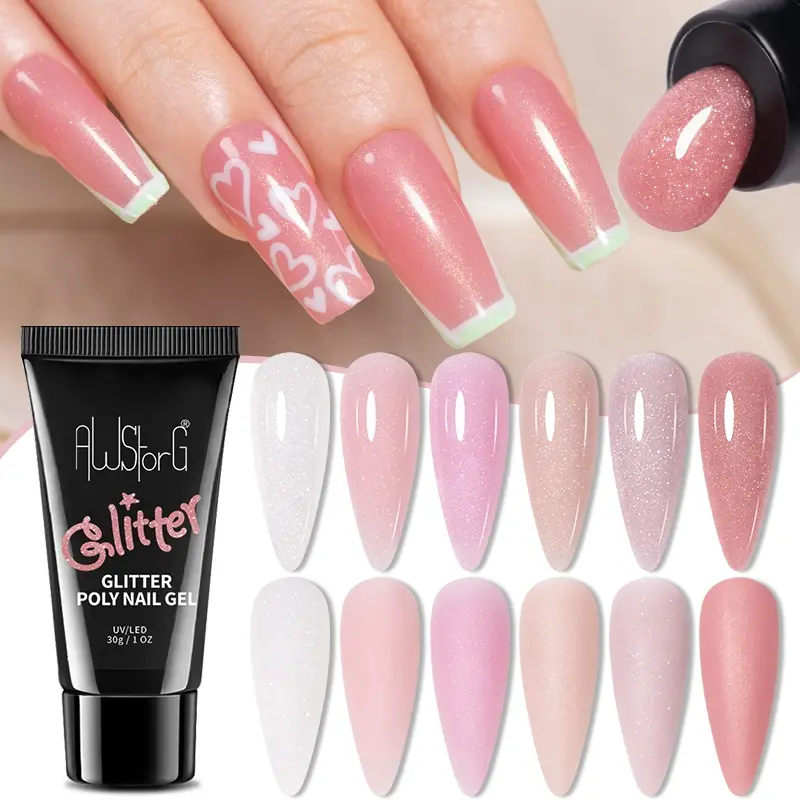 AWStorG 30g Glitter Poly Nail Gel Jelly Pink Series Sparkling Extension Gel Long-Lasting Acrylic Gel French Design Manicure Nail Art for Home Salon