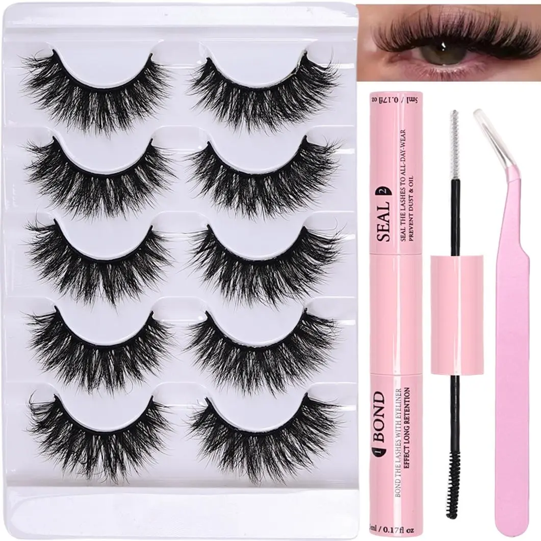 Fluffy False Eyelashes with Eyelash Glue & Tweezers, False Eyelashes Kit, 5 Pairs Wispy Faux Lashes, Natural Curling Eye Makeup Strip Lashes for Women & Girls, DIY False Eyelashes, Artificial Lashes, Eyelashes Makeup Cosmetic