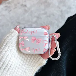 Pink Bow Delight Pattern TPU Soft Protective Case for Apple AirPods 4/3/2/1/Pro/Pro2 Transparent Earphone Cover with Keychain Attachment