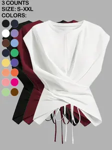 Women's Elegant Chic Solid Color Criss-Cross Tie Neck T-Shirt, Sleeveless Loose Fit Casual Top for All Seasons, Stylish Daily Wear