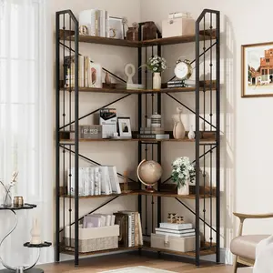 Corner Bookshelf 72" L Shaped Bookcase, Corner Bookshelves Industrial Bookcase 5 Tier L-Shape Bookshelf, Large Bookcases with Beaded Design Tall Display Rack Shelf for Living Room Bedroom