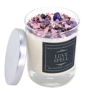 Love Spell Candles - Happiness & Love - Natural Crystal and Herbs - Aromatherapy soy candle - Amethyst, Garnet, Rose Quartz - 6 sizes available!