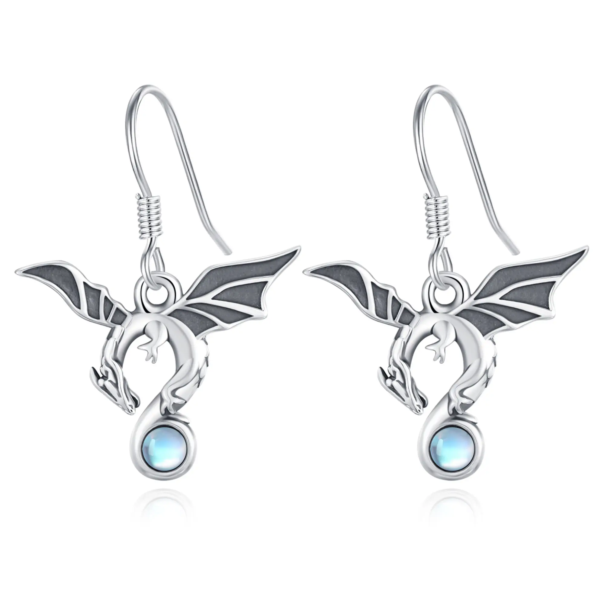 DRINSPER S925 Sterling Silver Moonstone Dragon High Quality Dangling Unique Earrings for Women, Hypoallergenic Leverback Earrings, Fashion Simple Jewelry Gift for Birthday Christmas Wedding Daily Wear, High Quality Earrings