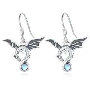 DRINSPER S925 Sterling Silver Moonstone Dragon Dangle Earrings for Women Girls, Hypoallergenic Dangle Leverback Earrings, Fashion Simple Style Jewlery Gift for Birthday Chrstimas Wedding Engagement Daily Wear