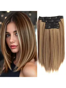 Short Clip-In Hair Extensions, 4 Pieces Straight Synthetic Hair Clips, with Light Tips, Perfect Gift for Women, Party & Daily Use