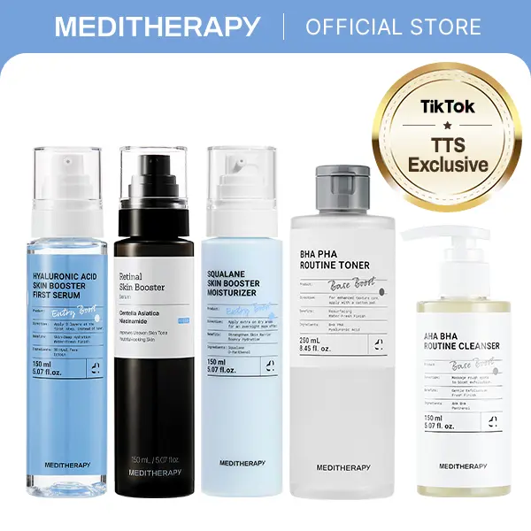 Affordable Korean Glass Skin Skincare Routine Set | Daily Cleansing Lightweight Essentials Bundle with Cleanser, Toner, Hyaluronic Acid, Retinol, Squalane | MEDITHERAPY Official